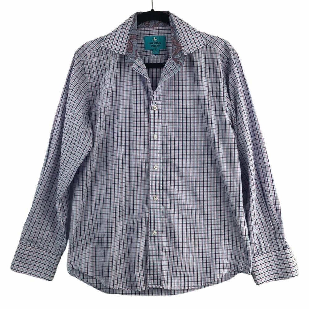 Christian Aujard Paris Mens Small Button Up Shirt Pink Purple Plaid Paisley